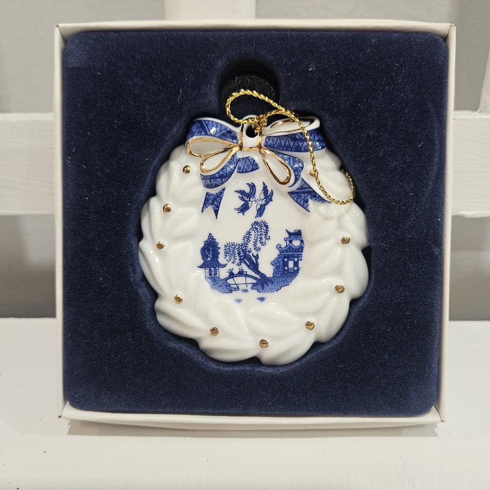 Blue and White Porcelain Holiday Ornament with Gold Trim